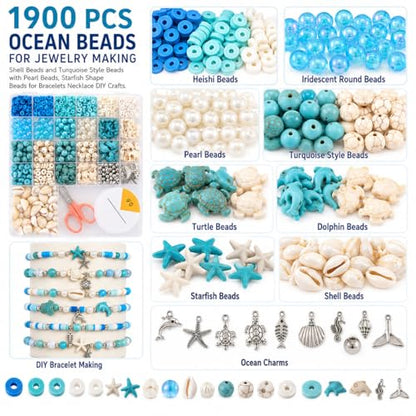 1900 PCS Ocean Beads for Jewelry Making, Shell Beads and Turquoise Style Beads with Pearl Beads, Starfish Shape Beads for Bracelets Necklace DIY Crafts - color: Blue White
