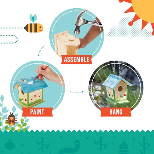 Beetle & Bee Build A Bird Bungalow - DIY Kid Art Craft Outdoor Birdhouse Kit, House Painting Kit for Kids, Hardware Glue Included- 4 Paints, 1 Brush, 7 Wooden Pcs, Chain For Tree Hanging Age 5+ - style: Build a Bird Bungalow