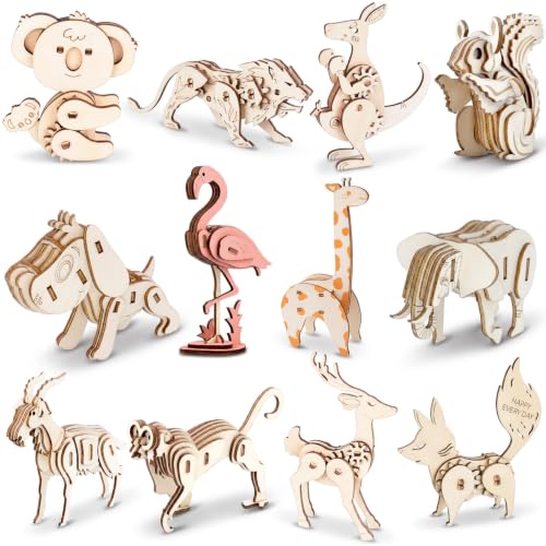 Sanwuta 12 Sets 3D Wooden Animal Puzzles for Kids Wild Animal Models