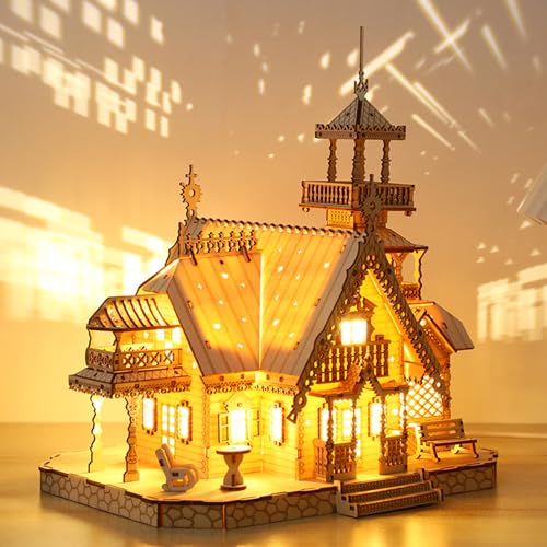 3D Wooden Puzzles for Adults, Country Villa Model Building Kit w/Light