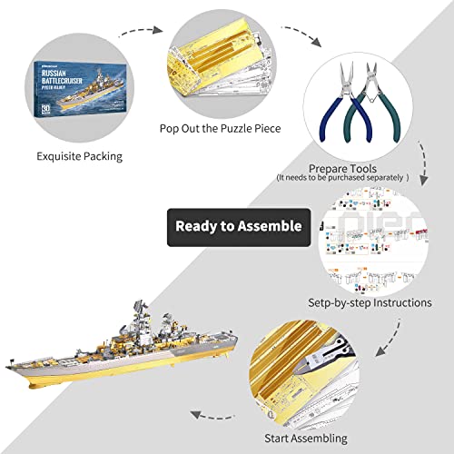 Piececool 3D Metal Puzzles for Teens, Russian Battlecruiser Pyotr Velikiy Battleship Model Kit, 3D Warship Models Building Puzzle for Adults DIY Toys, Birhtday Christmas Gift for Boys Men, 270 Pcs - color: Pyotr Velikiy