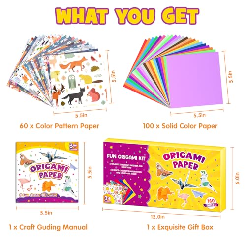 Pigipigi Kids Craft Origami Paper | 160 Pcs Origami Kit for Kids Ages 5-12