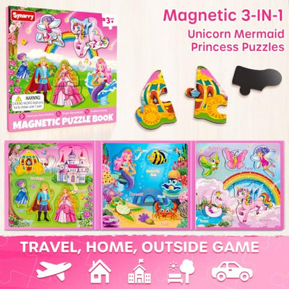 SYNARRY Magnetic Unicorn Mermaid Princess Puzzles for Kids 3-5, Travel Toys