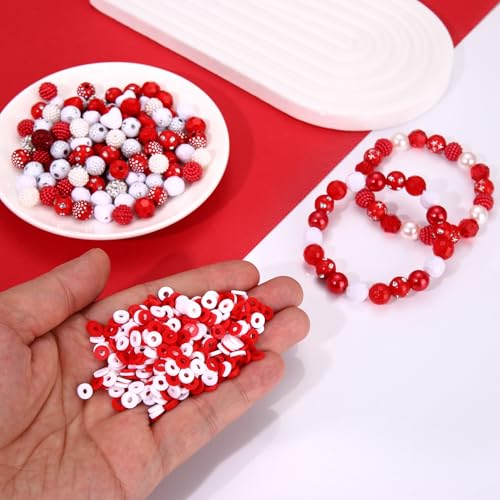 2200PCS+ Game Day Beads Charms for Bracelet Making Polymer Clay Beads Crystal Pearl Letter Gold Spacer Beads Football Charms for Game Day Bracelet Necklace Making DIY Crafts - color: Red White