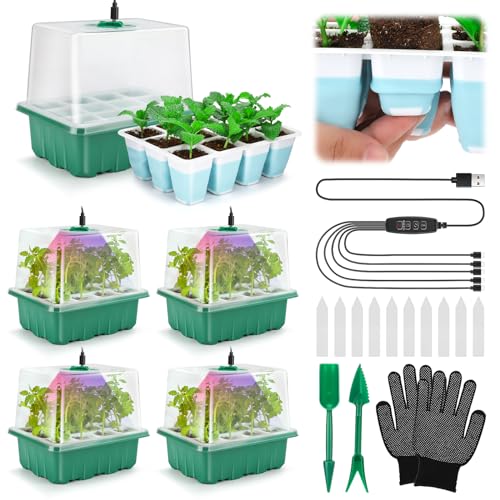 Seed Starter Tray with Grow Light, 60 Flexible Cells 5 PCS Seed Starter Kit, Reusable Seedling Starter Trays with Humidity Dome and High Lid, Germination Trays for Indoor Greenhouse Seed Starter - color: Blue-5 Pack With Light