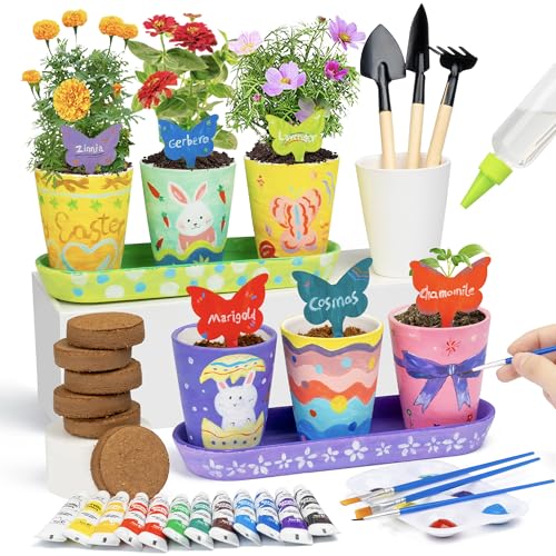RGBDOT Kids Gardening Set Paint and Plant Stoneware Flower Growing Kit with 6 Pots and Gardening Tools Arts and Crafts for Kids Ages 8-12 Best Children’s Day Gift for Girls Boys Ages 5 6 7 8 9 10 - color: 6-set