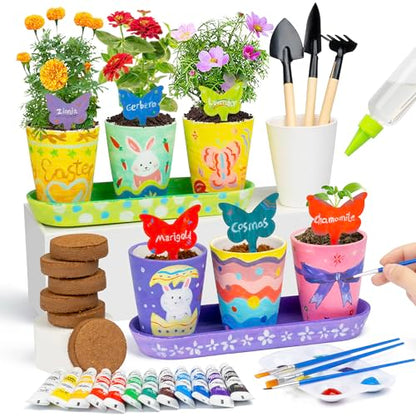 RGBDOT Kids Gardening Set Paint and Plant Stoneware Flower Growing Kit with 6 Pots and Gardening Tools Arts and Crafts for Kids Ages 8-12 Best Children’s Day Gift for Girls Boys Ages 5 6 7 8 9 10 - color: 6-set