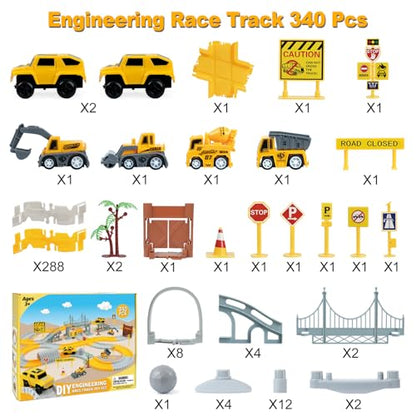 BEMITON Construction Race Track Toys for Kids - Birthday Gift for 3 4 5 6 7 Year Old Boys, 330+ PCS Track Playset with Electric Cars and Construction Trucks, DIY Engineering Road Building Sets - color: Yellow Construction Race Track