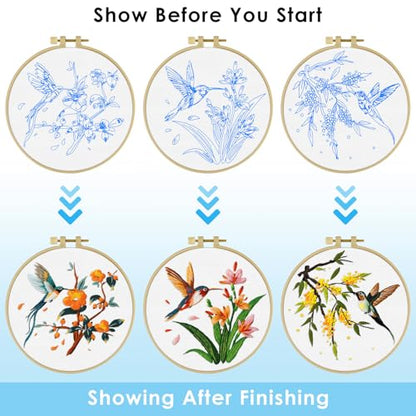 ERKOON 3 Sets Embroidery Kit, Hummingbird Cross Stitch Set for Include Embroidery Cloth Hoops Threads for Craft Lover Hand Stitch (Hummingbird) - color: Hummingbird