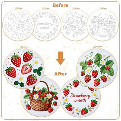 BEUNITONE 4 Set Strawberry Embroidery Kit for Adult Beginners 7.9"x7.9" DIY Stamped Needlepoint Kits with Pre-Printed Designs, Complete Handmade Embroidery Craft for Relaxing Hobby and Home Decor - style: B-Strawberry