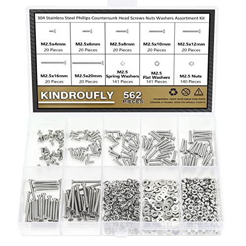 562 Pieces M2.5 x 4/6 /8/10 /12/16 /20mm Phillips Countersunk Head Machine Screws Nuts Washers Assortment Kit, 304 Stainless Steel, Fully Machine Thread - size: M2.5, style: Phillips Countersunk Head
