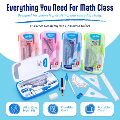Pointer Math Set 11-Pieces Geometry Kit – Includes Compass, Ruler, Protractor & More – 1 Random Pastel Color from 4 Options – Back-to-School Geometry Kit for Students