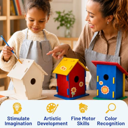 Neliblu DIY 12 Wooden Bird House Kits - Creative Arts and Crafts Set for Adults - Unfinished Wood Birdhouses with Paint Strips, Brushes, Stickers and Strings - 3 Unique Shapes, 2 Sizes