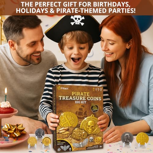PIBEX Pirate Treasure Coins Dig Kit, 16+ Ancient Metal Coins & Skull Charms