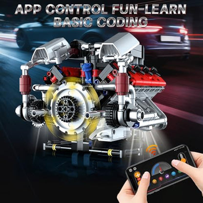 V8 Engine Model Kit that Run, 8-Cylinder Car Engine Building Blocks Set, Build Your Own STEM Engineering Kit that Work with LED Light and APP Control, Collections Set for Age 8+/Kids/Adults (700 PCS) - color: Silver