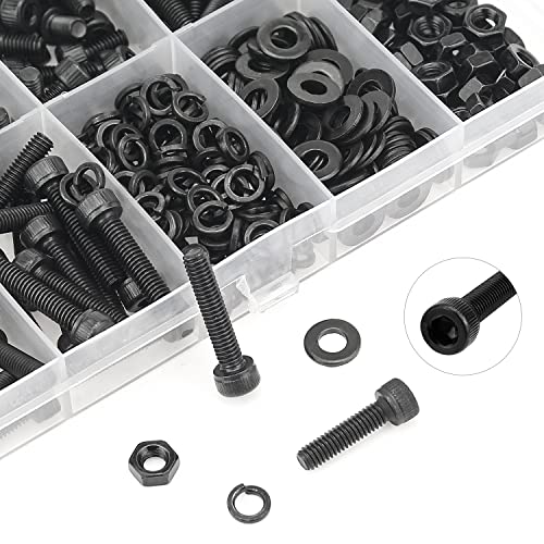 HELIFOUNER 380 Pieces M4 x 5mm /6mm /8mm /10mm /12mm /16mm /20mm, Hex Socket Head Cap Screws Bolts Washers Nuts Kit, 12.9 Grade Alloy Steel, Full Threaded, Black - size: M4, style: Socket Head
