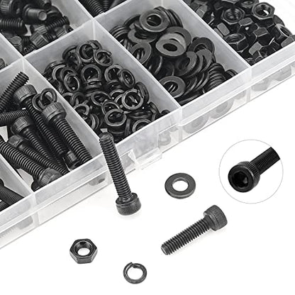 HELIFOUNER 380 Pieces M4 x 5mm /6mm /8mm /10mm /12mm /16mm /20mm, Hex Socket Head Cap Screws Bolts Washers Nuts Kit, 12.9 Grade Alloy Steel, Full Threaded, Black - size: M4, style: Socket Head