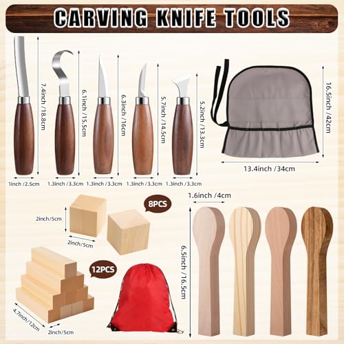 Therwen 27 Pcs Wood Carving Kit, 5 Pcs Wood Carving Tools with Storage Bag, Whittling Kit with 18Pcs Whittling Blocks and 4 pre Shaped Spoon Blanks and Drawstring Carry Bag for Crafts Beginners