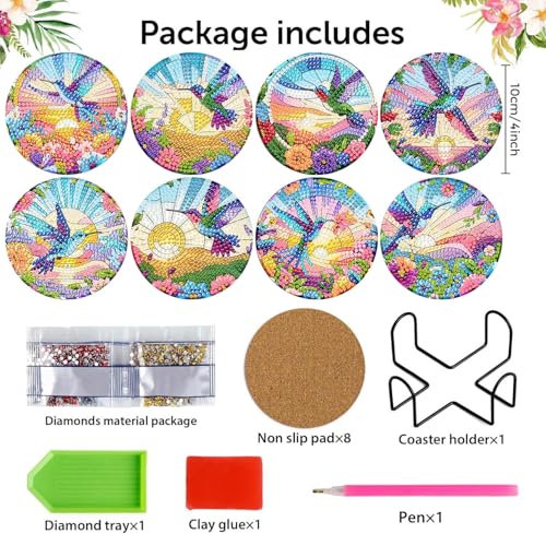 8 Pcs Diamond Art Coasters Kit for Adult with Holder, Diamond Coaster 4x4in - color: Hummingbird Coasters, size: 8 Pcs 4x4in