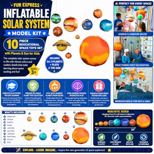 Fun Express Inflatable Solar System Model Kit for Kids, 10 Piece