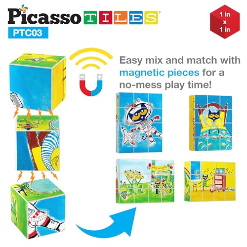 PicassoTiles Magnetic Tiles Pete the Cat Magnet Puzzle Cube Set 6 Cartoon Theme Mix and Match Brain Teaser STEM Educational Toy for Kids Toddlers Preschool Age 3 Plus Sensory Learning Play Kit PTC03 - style: Pete the Cat Mix and Match