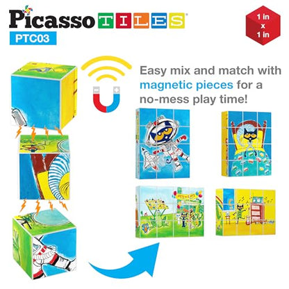 PicassoTiles Magnetic Tiles Pete the Cat Magnet Puzzle Cube Set 6 Cartoon Theme Mix and Match Brain Teaser STEM Educational Toy for Kids Toddlers Preschool Age 3 Plus Sensory Learning Play Kit PTC03 - style: Pete the Cat Mix and Match