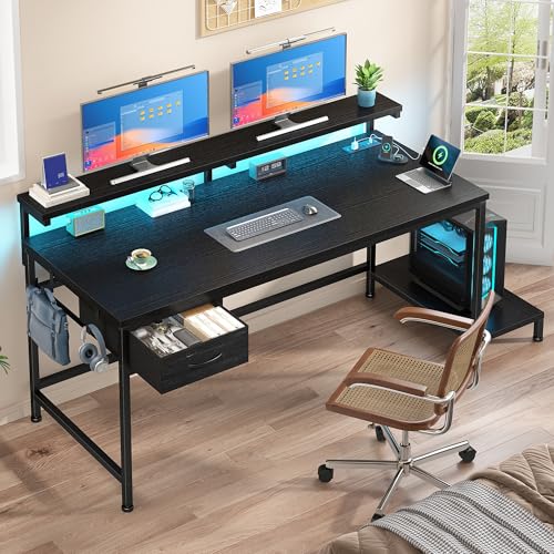 DurayLoly 39.3" Gaming Desk with Power Outlet and LED Lights,Bedroom,Black - color: Black, size: 39.3 IN
