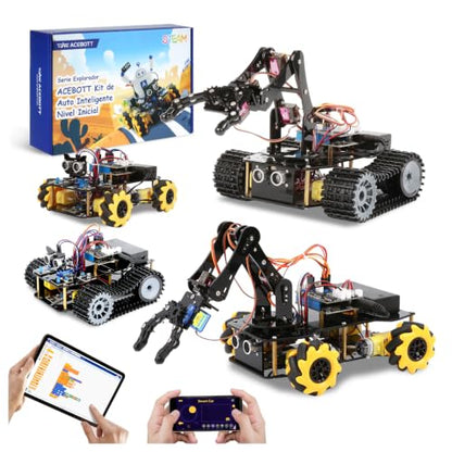 Robotics for Kids Ages 12-16, ACEBOTT 4 in 1 Smart Robot Arm with 5DOF + Tank Car, STEM Toys Coding Kit Compatible with Arduino & Scratch, App & Remote Control, for Kids & Teens - color: Black-yellow