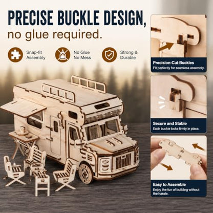 3D Wooden Puzzle for Adults Teens,DIY Camper Van Model Building Kit,Camping RV Set Model Puzzles,Stress Relief Craft,Ideal Christmas Birthday Gift for Family Activity or Home Decor