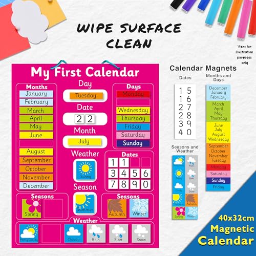 My First Magnetic Pink Calendar for Kids, Rigid Board (40x32 cm) plus Easy Hanging Loop, Days of the Week, Date & Month of the Year, Weather & Seasons, Suitable for learning at Home or in a Classroom - color: Pink