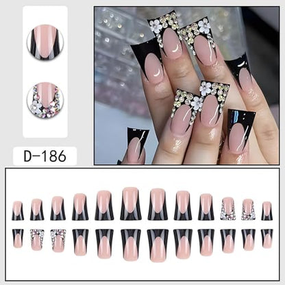 Duck Press on Nails Black French Tip Fake Nails Medium Acrylic Nails Press Ons with 3D Flower and Diamond Design Artificial False Nails Light Luxury Shining Full Cover Stick On Nails for Women - color: Style-A11