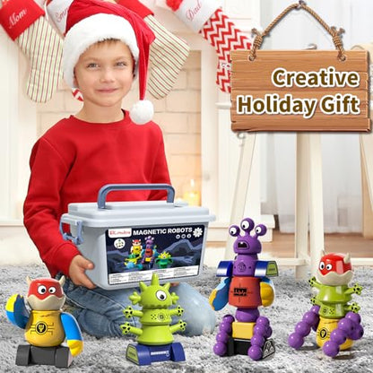 Magnetic Robot Toy for Kids 3-5, 35 PCS STEM Educational Playset with Storage Box, DIY Stacking Monster Robots, Kids Creative Alien Toys Gift for Boys Girls (Christmas Birthday)