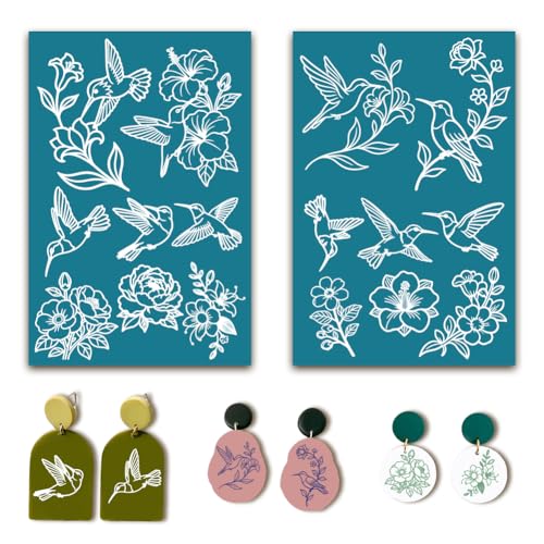 2Pcs 2 Styles Floral Silk Screen Stencils 3.9 x 6 Inch Polymer Clay Stencils Hummingbirds Flowers Pattern Reusable Nylon Transfers for Polymer Clay Wood Fabric Jewelry Making DIY Crafts - color: Bird