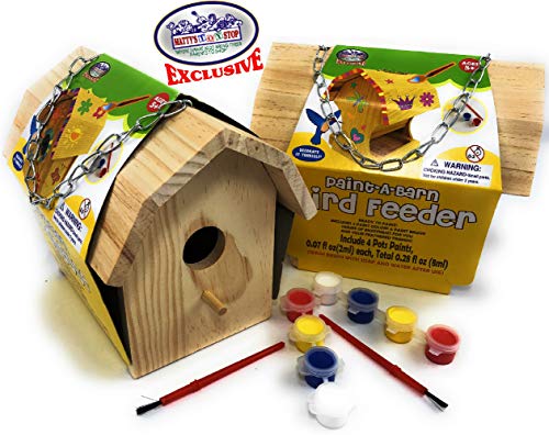 Matty's Toy Stop Paint-A-Barn Wooden Birdhouse & Bird Feeder (Includes Paints & Brushes) Gift Set Bundle - 2 Pack