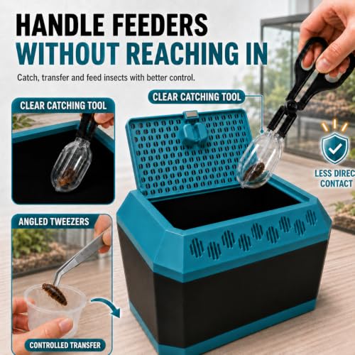 Feeder Insect Breeding Box Kit for Dubia Roaches & Crickets, Ventilated Reptile Feeder Container with Removable Tray, 2 Dividers, Catcher, Tweezers & 150 mL Bottle