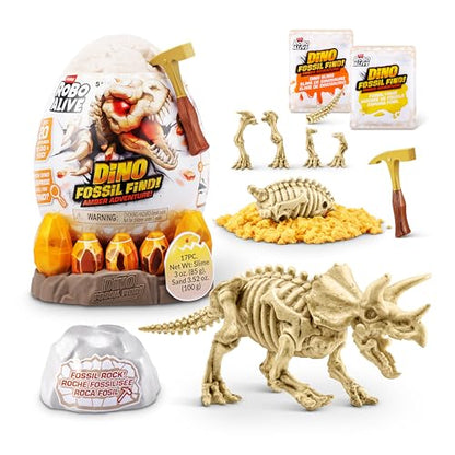 Robo Alive Fossil Find Amber Adventure (Triceratops) by ZURU, Surprise Unboxing and Dinosaur Toy for Boys - color: Triceratops