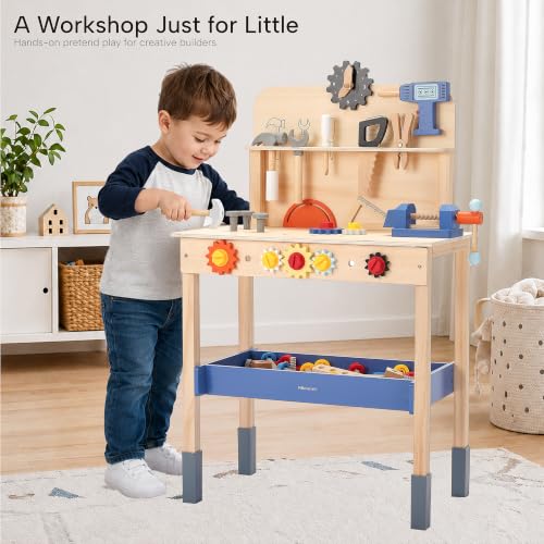 Pillowhale Large Wooden Play Tool Workbench Set with Assembly Toys, Workbench with Storage Space for Kids, Pretend Construction Tools Set Wooden Toy Drill Gift for Boys & Girls Age 3-5
