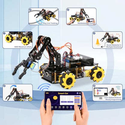 ACEBOTT 5DOF Smart Robot Arm Car Kit, 4WD Remote Control Car Compatible with Arduino/Python/Blockly Programming Project/STEM Education/Science Coding Kit for 12+ Teens and Adults Unique Gifts