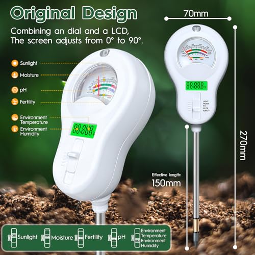 6-in-one Soil Test Kit-Soil Moisture Meter/PH Meter/Fertility/Sunlight Intensity Soil Tester, LCD Air Hygrometer&Temperature Moisture Meter for Plants-Garden, Lawn,Farm,3 Pack Detachable Probe
