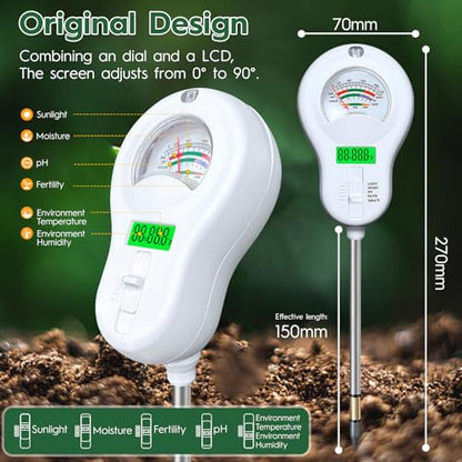 6-in-one Soil Test Kit-Soil Moisture Meter/PH Meter/Fertility/Sunlight Intensity Soil Tester, LCD Air Hygrometer&Temperature Moisture Meter for Plants-Garden, Lawn,Farm,3 Pack Detachable Probe