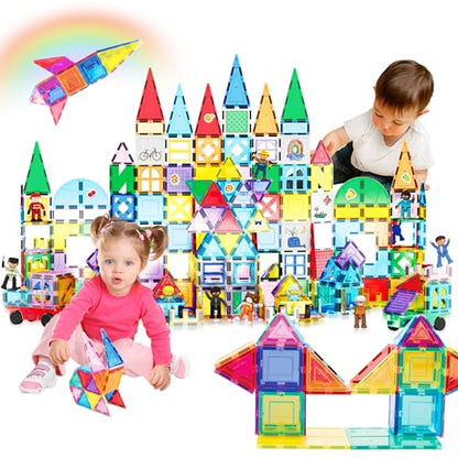 PicassoTiles Mega Magnetic Building Block 350 Piece Set Magnet Tile Construction Blocks with Car Base, Character Figures, Markers, Whiteboard, 110+ Page Ideabook Included for Ages 3 Up STEM Learning - color: 350 Pcs With Car and Figures