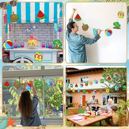 Aneco 24 Sets DIY Summer Suncatchers Craft Kit, Tissue Paper Sign Art Crafts, Hawaiian Hanging Window Ornaments Decor for Tropical Beach Party Holiday Home Activities - style: Summer