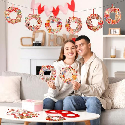 Hollowfly 48 Sets Vintage Valentine DIY Wreath Craft Kit for Kids Classroom - style: Vintage Valentine's Day