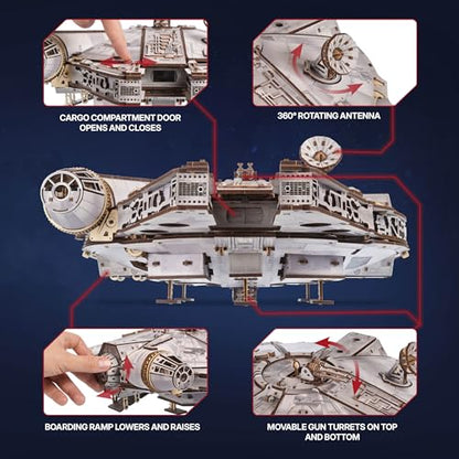 UGEARS Star Wars ™ Millennium Falcon™ Wooden 3D Puzzles for Adults - DIY Mechanical Model Kit, 3D Puzzle Brain Teaser Puzzles for Adults, Wood Model Building Kits, Hobbies for Men and Women
