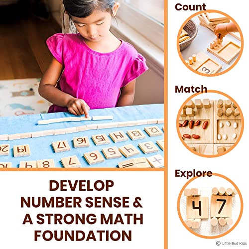 LITTLE BUD KIDS Counting Pegs - A Ten Frame Math Game with Addition and Subtraction Flash Cards, A Wooden Montessori Math Toy & Math Manipulatives Number Peg Boards for Kids 3 4 5 6 7