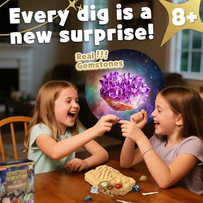Gemstone Dig Kit for Kids with 2 Tools, 10 Real Gems Tektite