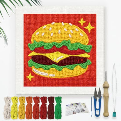 DOODLREAM Yummy Hamburger DIY Punch Needle Embroidery Kit for Adult Beginner, 9.4" Cartoon Burger Fast Food Punch Stitching Craft Set for Starter with Frame Fabric Pattern Threader Yarn Pinch Needle - color: Hamburger