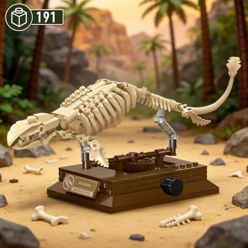 HIGH GODO Dinosaur Fossils Building Set with Display Base, Mosasaurus Dinosaur Fossil Building Block Set, Skeleton Model Set for Home Decor, Ideal Gift for Fossil Lovers Teens Adult 14+ (191PCS) - style: Mosasaurus Dinosaur Fossil
