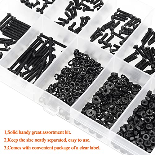 HELIFOUNER 560 Pieces M2 x 4mm /6mm /8mm /10mm /12mm /16mm /20mm, Button Head Socket Cap Screws Bolts Washers Nuts Kit, 10.9 Grade Alloy Steel, Full Threaded, Black - size: M2, style: Button Head