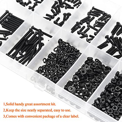 HELIFOUNER 560 Pieces M2 x 4mm /6mm /8mm /10mm /12mm /16mm /20mm, Button Head Socket Cap Screws Bolts Washers Nuts Kit, 10.9 Grade Alloy Steel, Full Threaded, Black - size: M2, style: Button Head